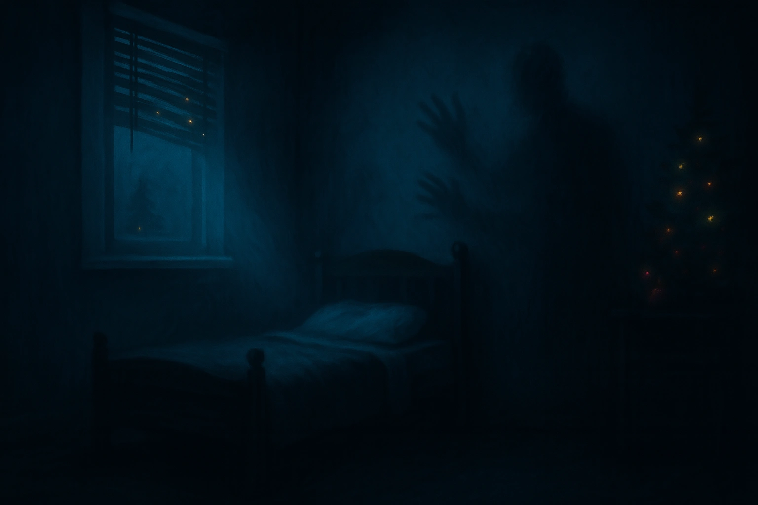 A shadowy figure looms over a child's empty bed on Christmas Eve, with a faintly glowing tree in the corner