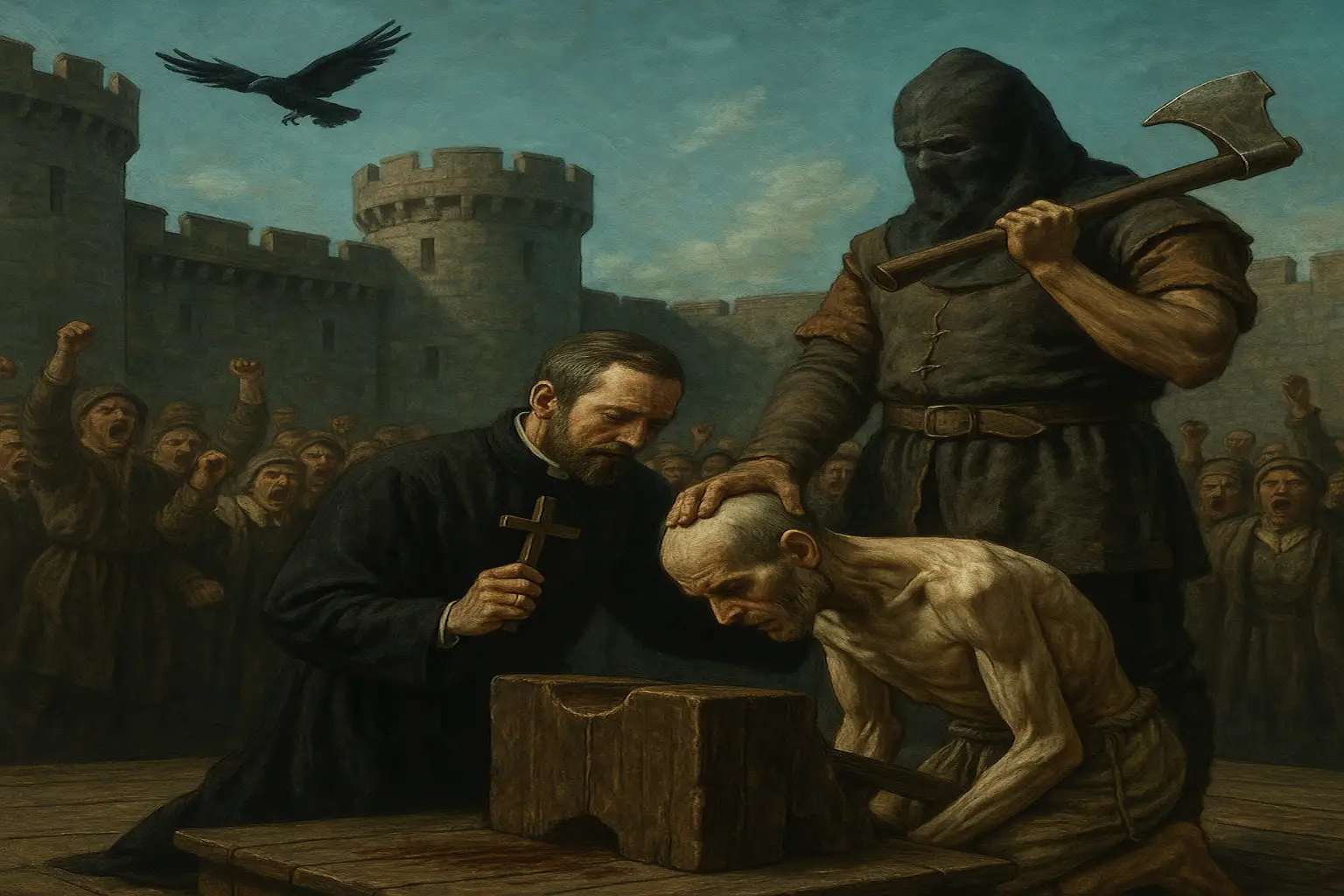A hooded executioner stands over a kneeling prisoner, guided by a priest, as a raven circles above a castle crowd