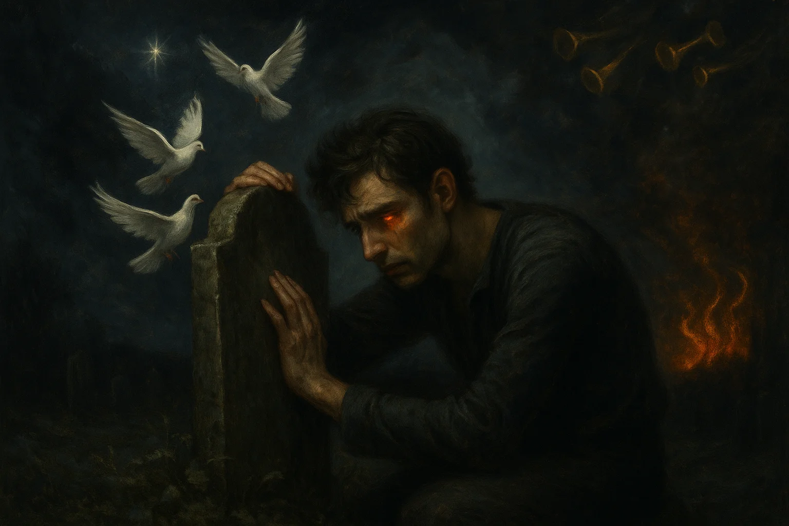 Grieving man kneels at a grave as doves fly upward and fiery trumpets blaze in a dark sky