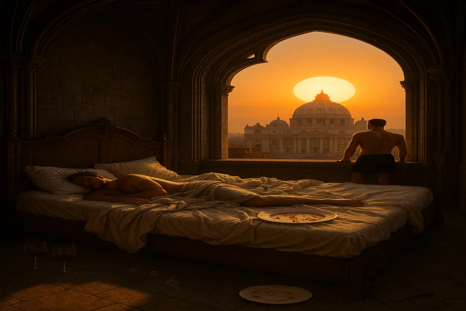 Two lovers in a Roman bedroom at sunrise; one sleeps in tangled sheets while the other gazes at the Vatican dome through an arched window.