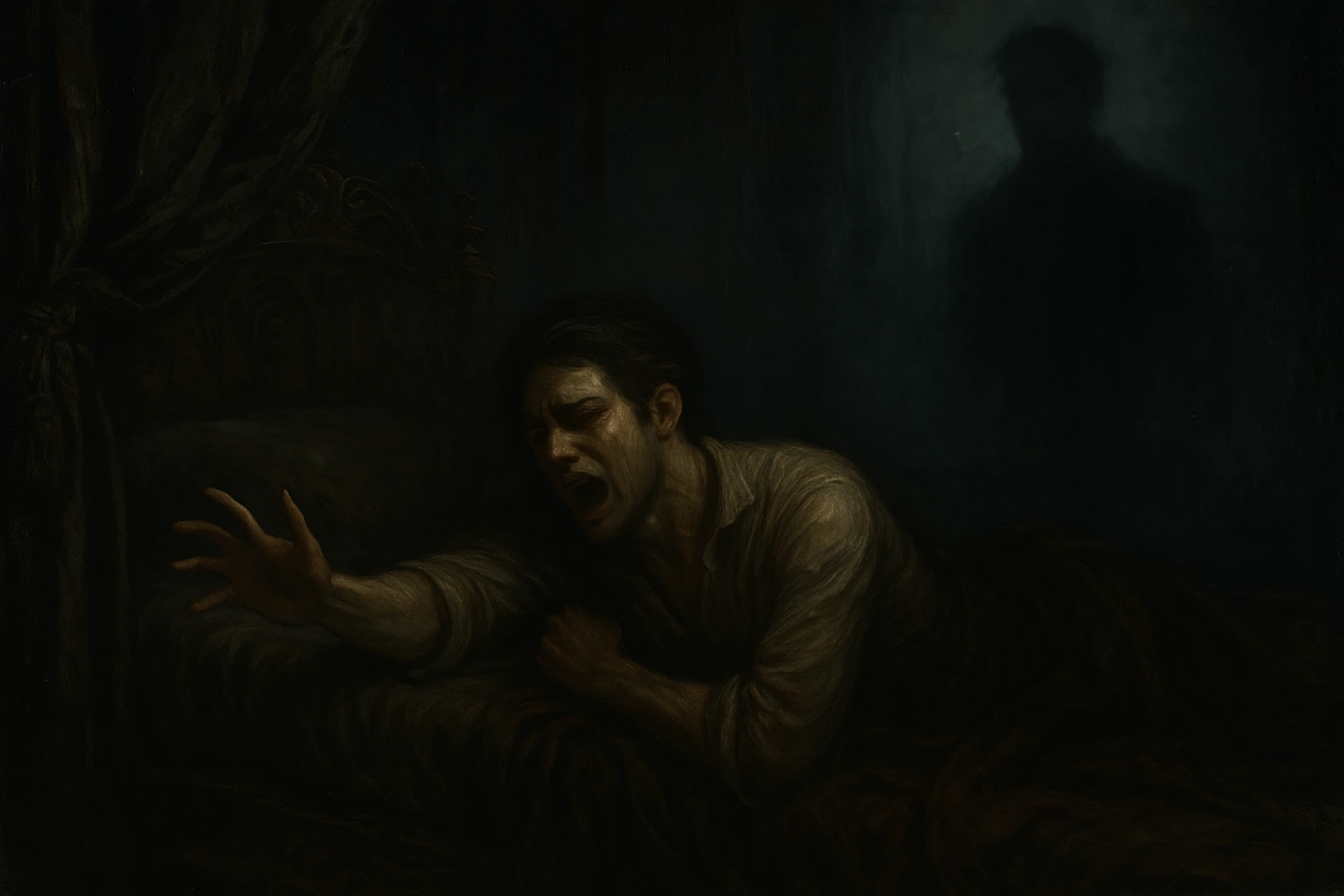 Man screaming and reaching out from a dark bed, haunted by a shadowy figure in the background.