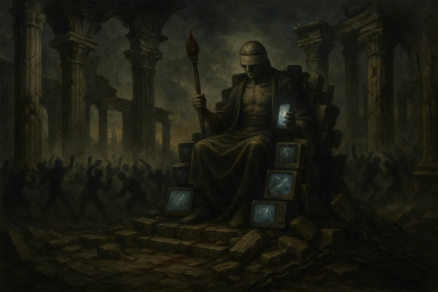 Blindfolded figure on a throne of broken screens and chains, holding a torch and phone amid ruins and chaos