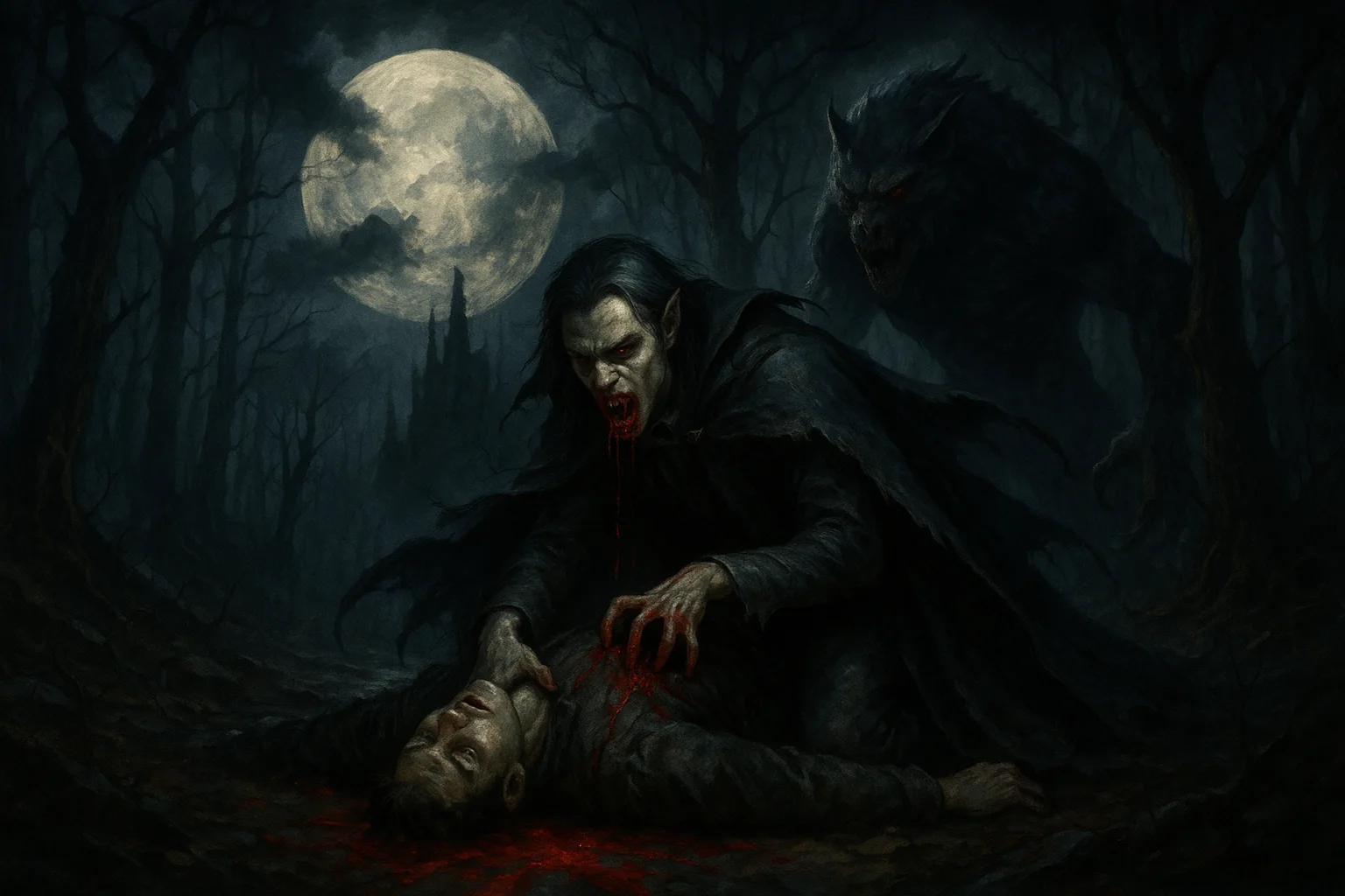 Gothic vampire feeding on a victim under a full moon, with a looming werewolf in the shadows.