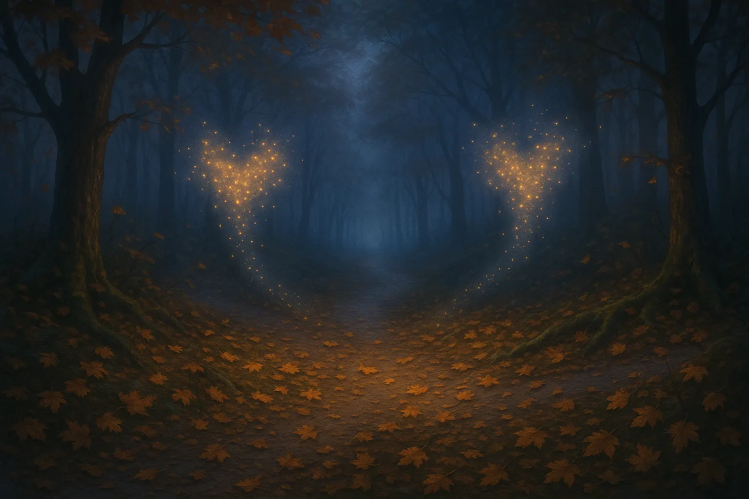 A forked forest path under twilight, where two glowing heart-shaped forms of light drift apart among autumn leaves