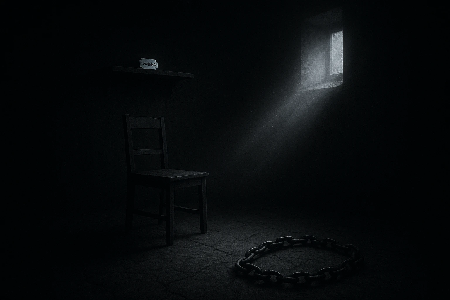 A dimly lit gothic room with a wooden chair beneath a small window, a chain coiled on the cracked floor, and a faintly gleaming razor resting on a shelf behind.